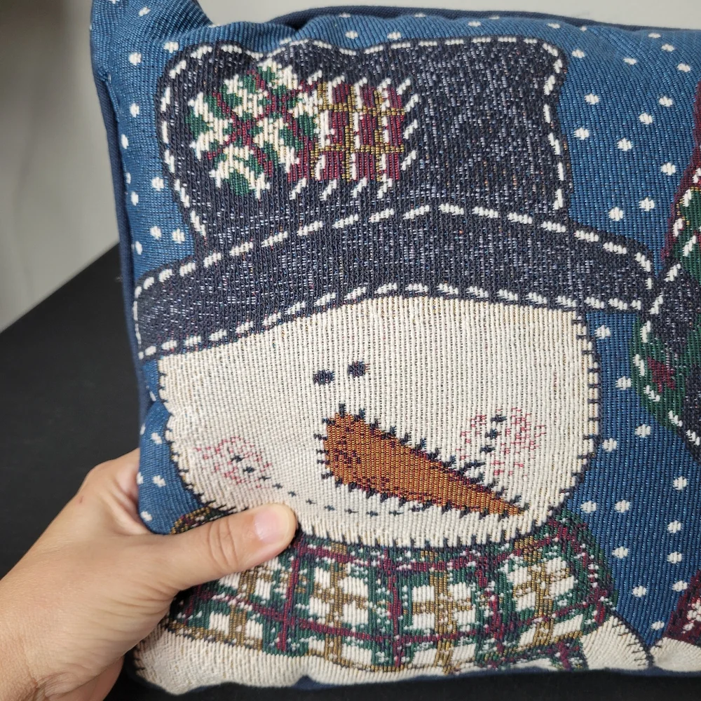Vtg Tapestry Festive Snowman Decorative Pillow - Blue and Multicolor